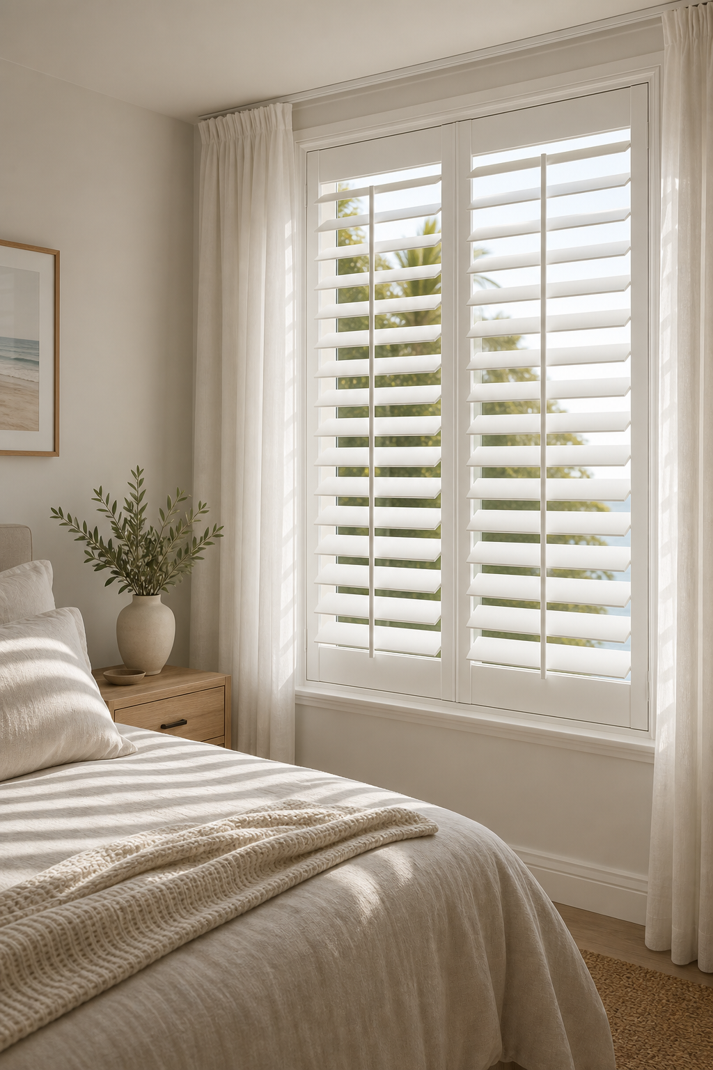 White plantation shutters in a Sydney coastal master bedroom
