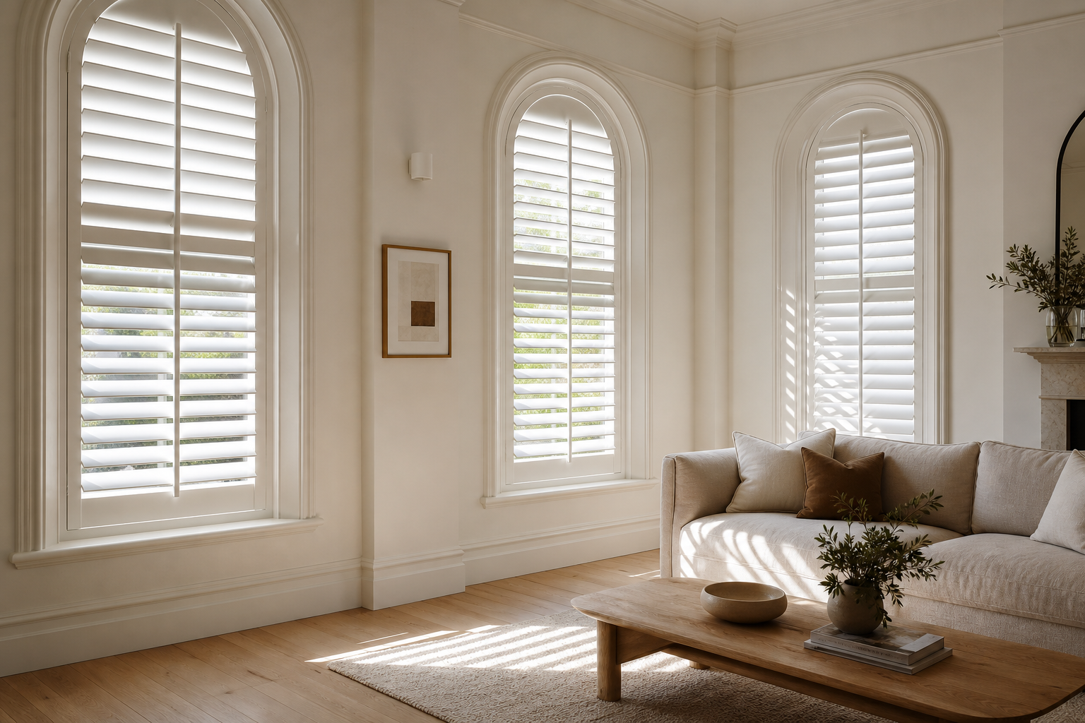 Heritage Eastern Suburbs Sydney lounge with arched plantation shutter windows