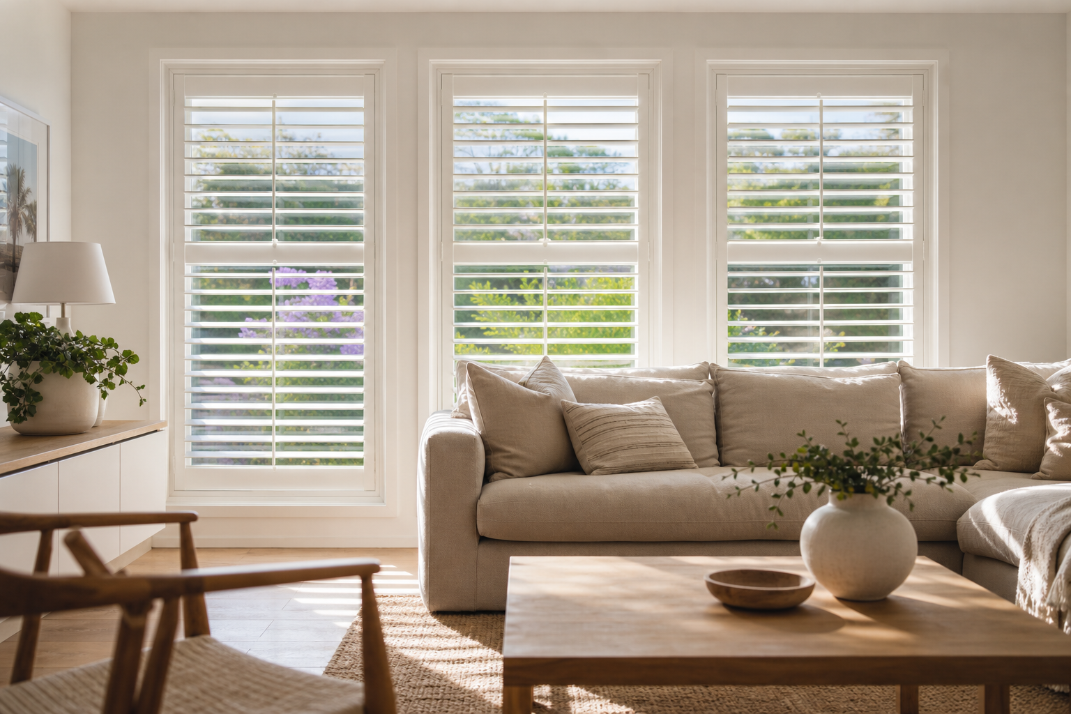 Three side-by-side plantation shutter windows in a Sydney living room