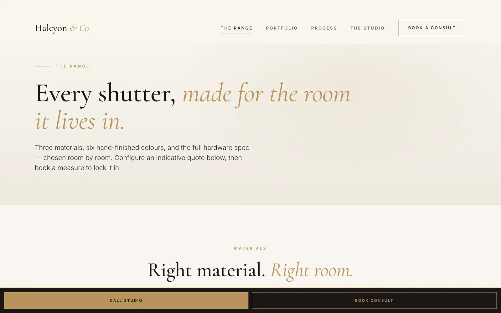 Halcyon & Co — Range + configurator