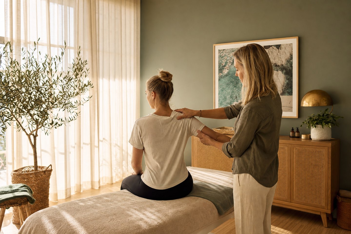A physiotherapist guiding a patient through a gentle stretch in a sunlit studio