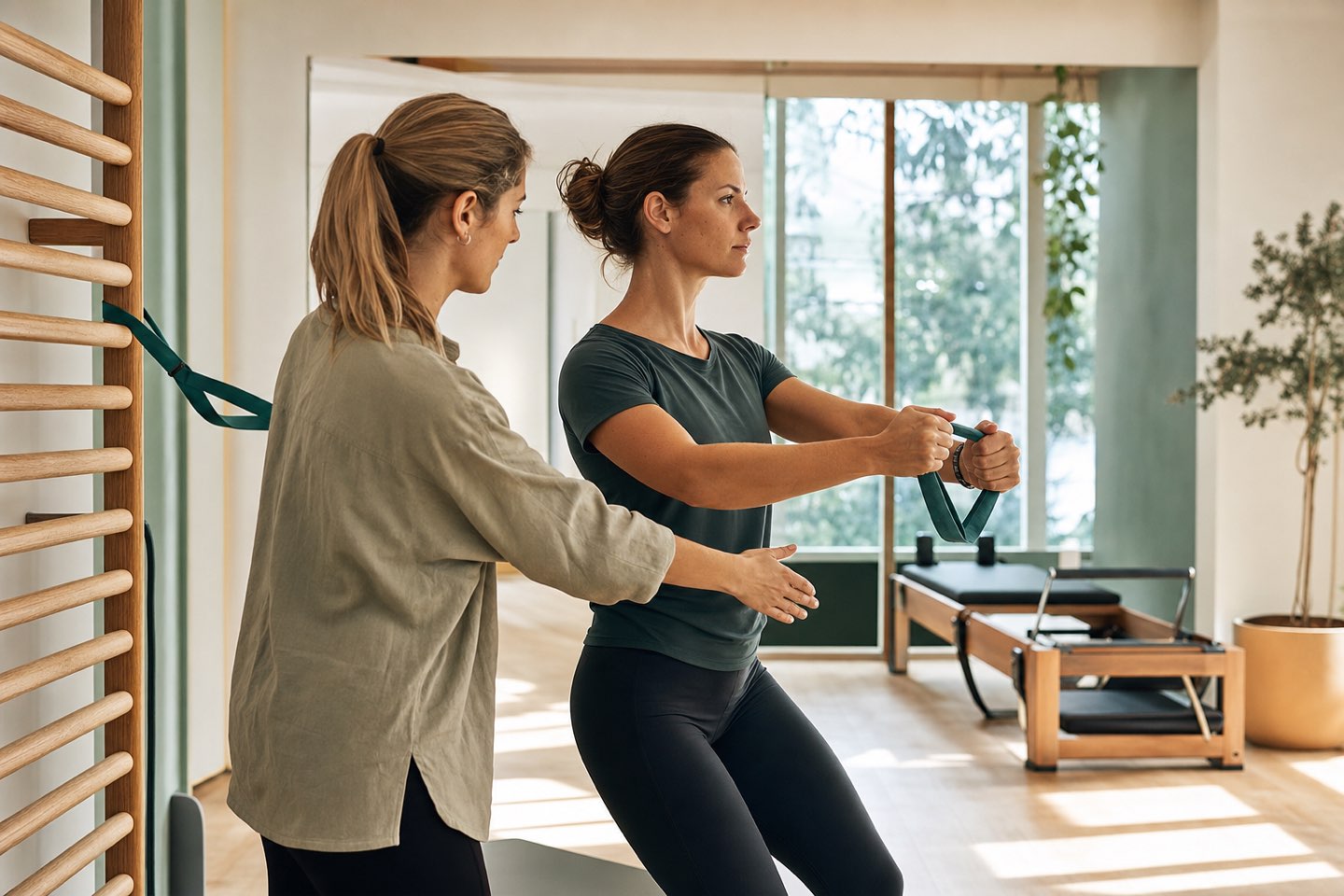 An exercise physiologist guiding a patient through rehab exercises in a bright studio