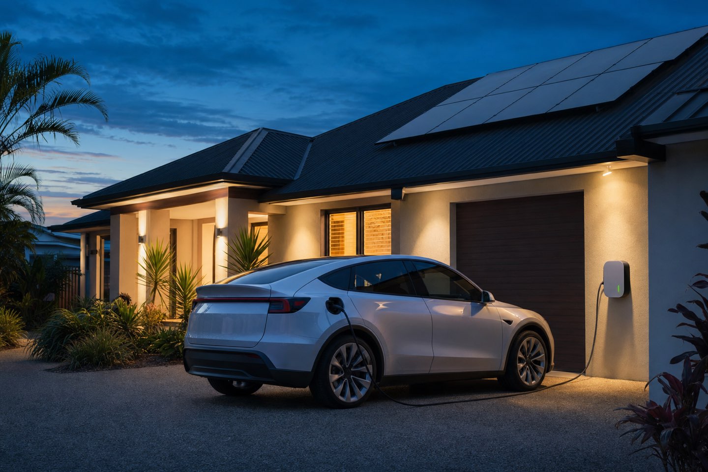 An electric car charging in the driveway of a solar home at dusk