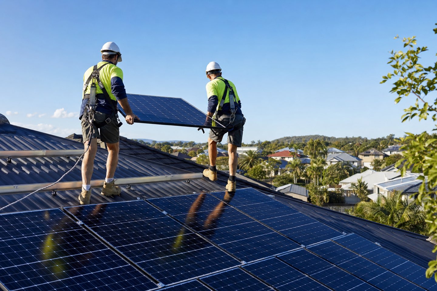 Installers fitting solar panels on a Queensland roof