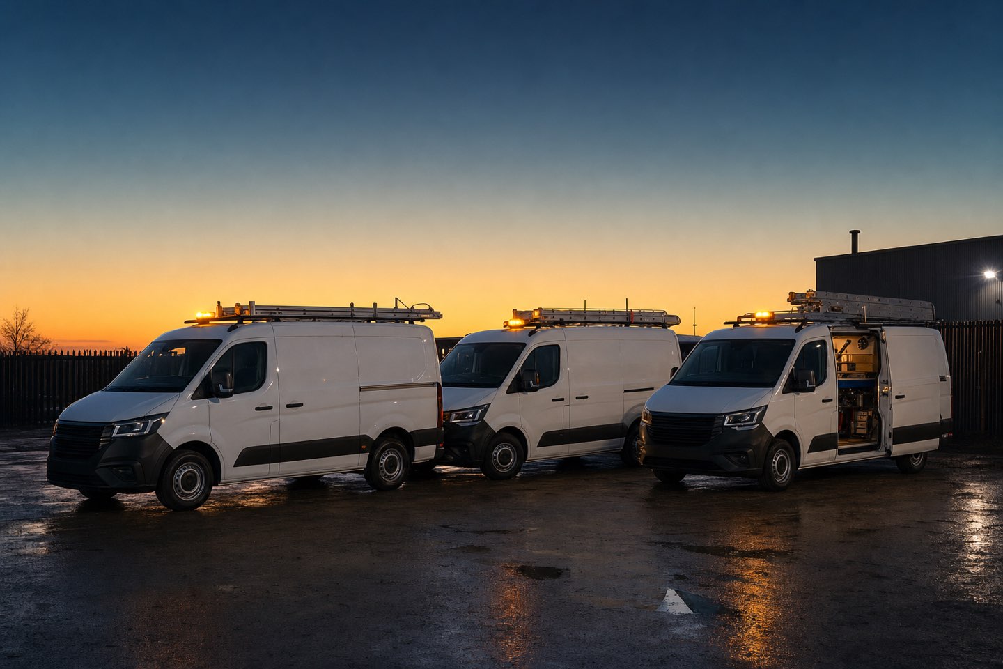 Fixline's service vans lined up at the depot at dawn