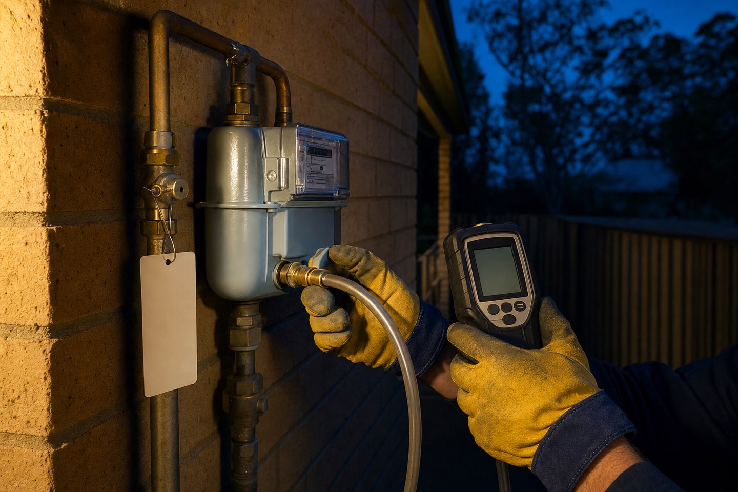 A licensed gas fitter pressure-testing a domestic gas meter at night