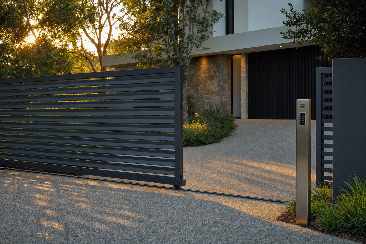 An automated charcoal aluminium slat sliding driveway gate, half open across an aggregate driveway