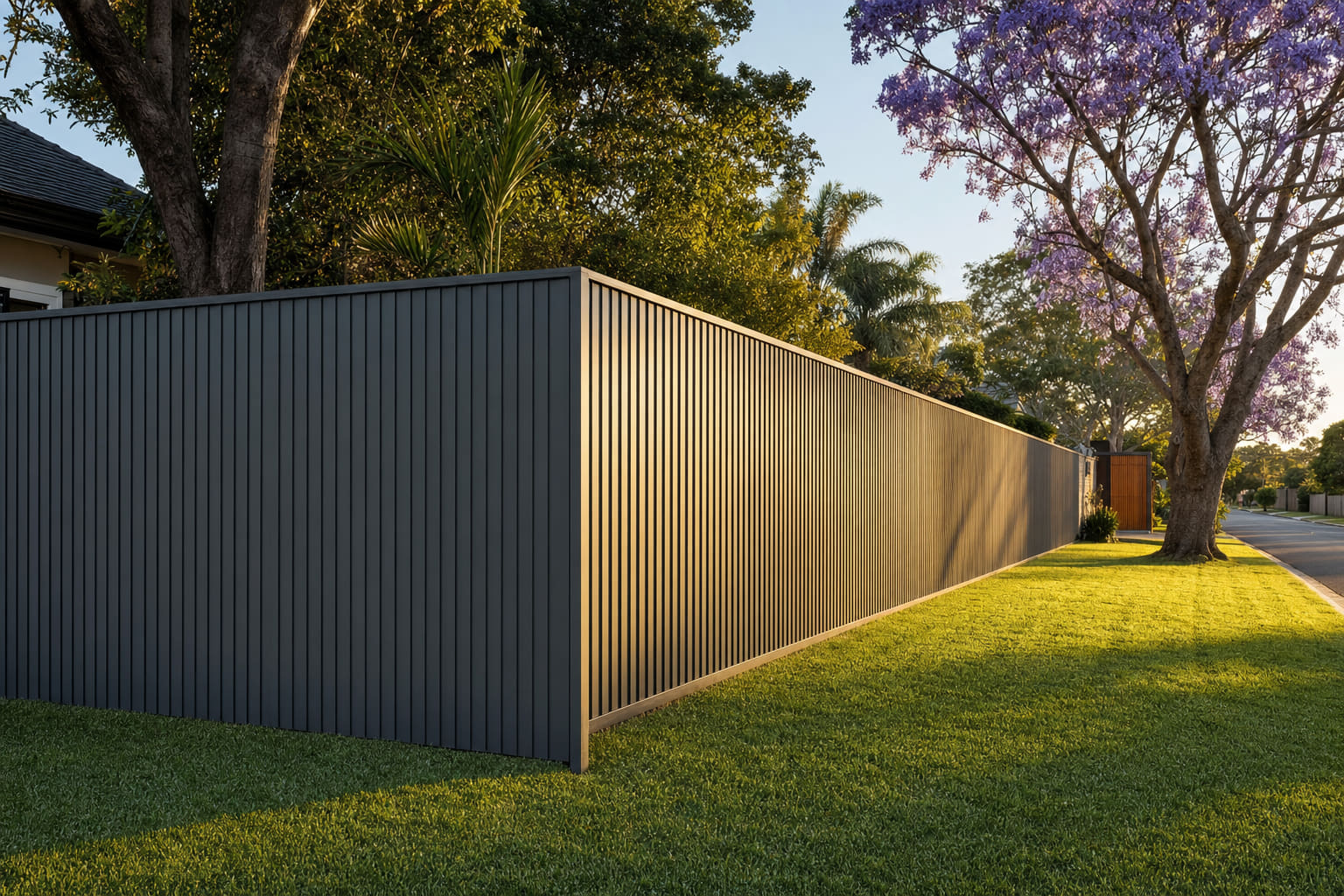 A new woodland-grey steel fence wrapping a leafy Brisbane corner block at golden hour