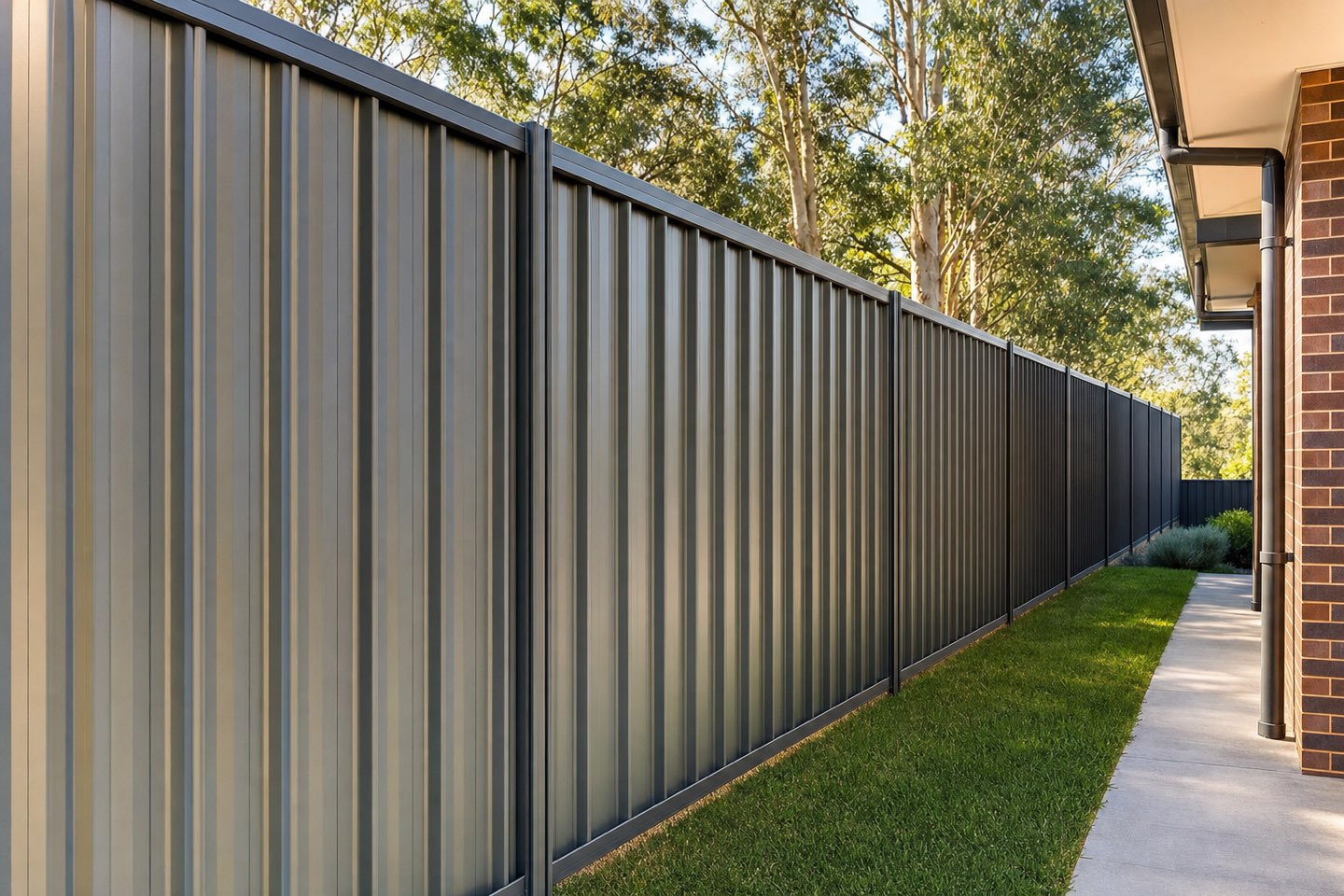 A completed woodland-grey Colorbond boundary fence running dead straight beside a brick home