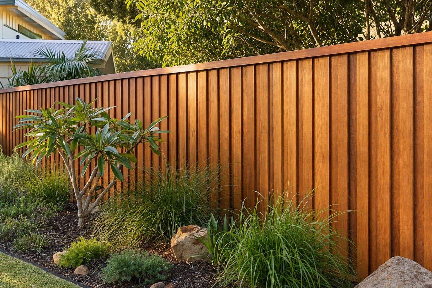 A new lapped-and-capped hardwood timber fence with an oiled finish behind a native garden bed