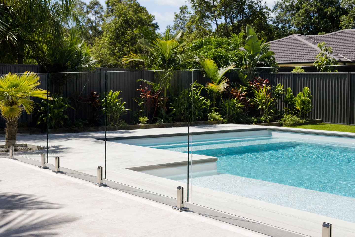 A frameless glass pool fence on stainless spigots around a sparkling backyard pool