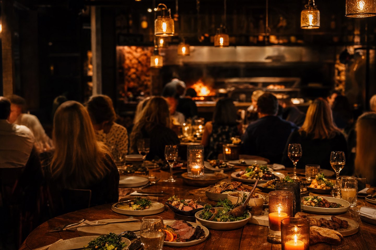 The candlelit dining room of Fig & Ember, wood-fire glowing in the open kitchen