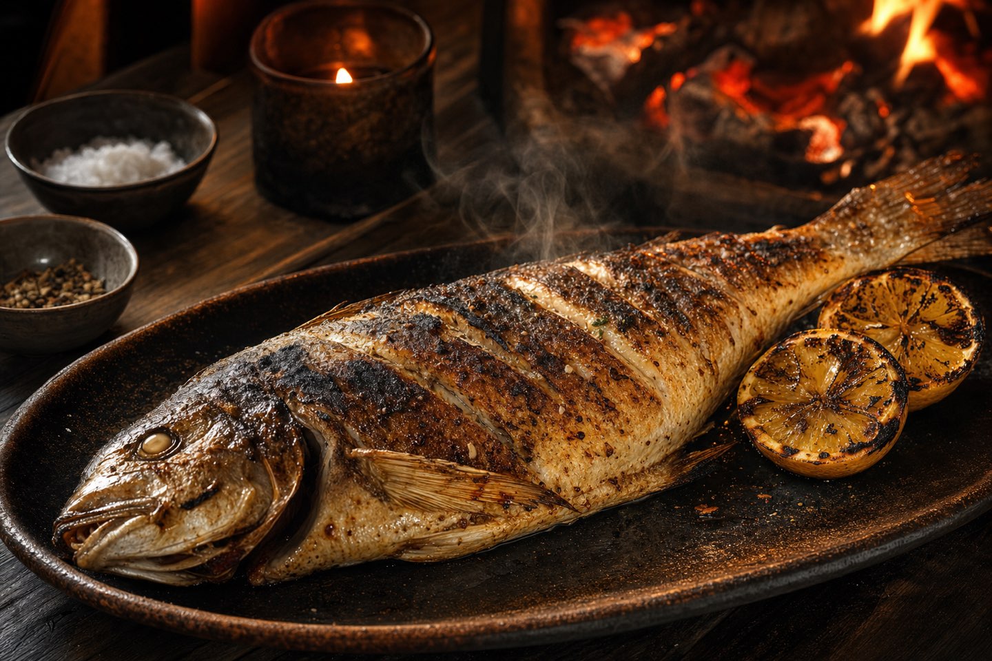 Whole wood-fired fish with charred lemon on a dark platter