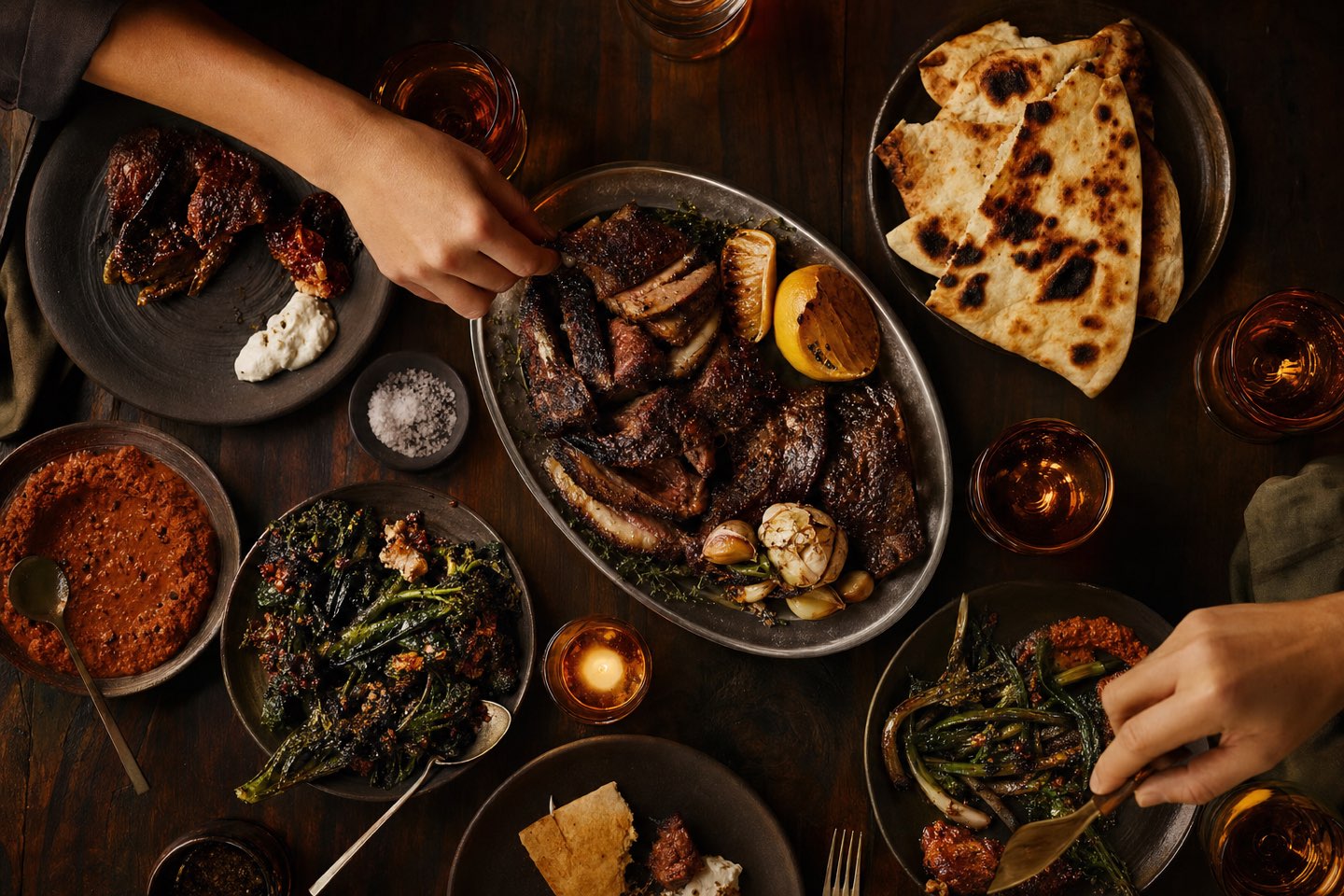 A shared feast of charred plates seen from above
