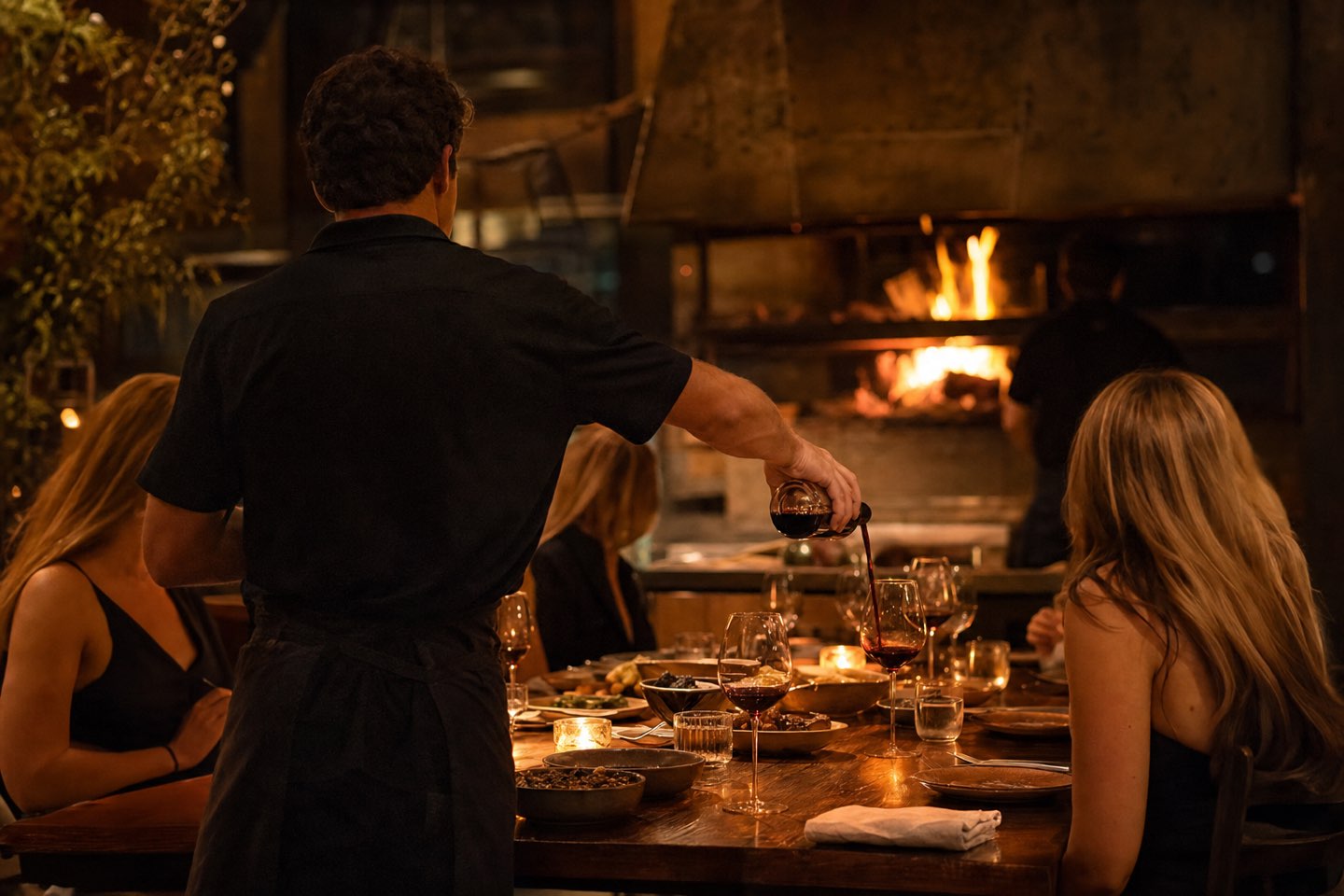 Wine being poured at a candlelit table in the Fig & Ember dining room