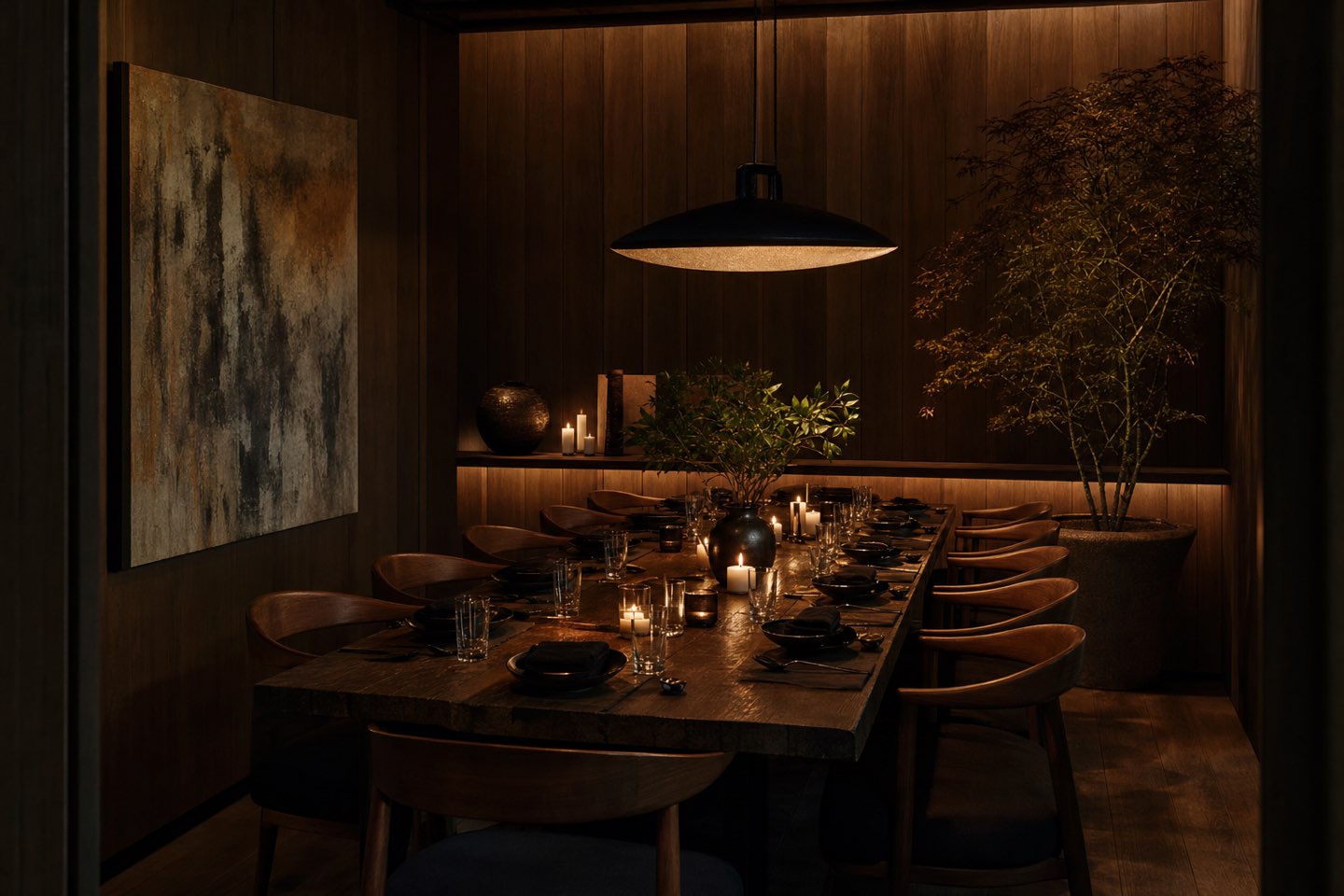 The intimate private dining room set for twelve by candlelight