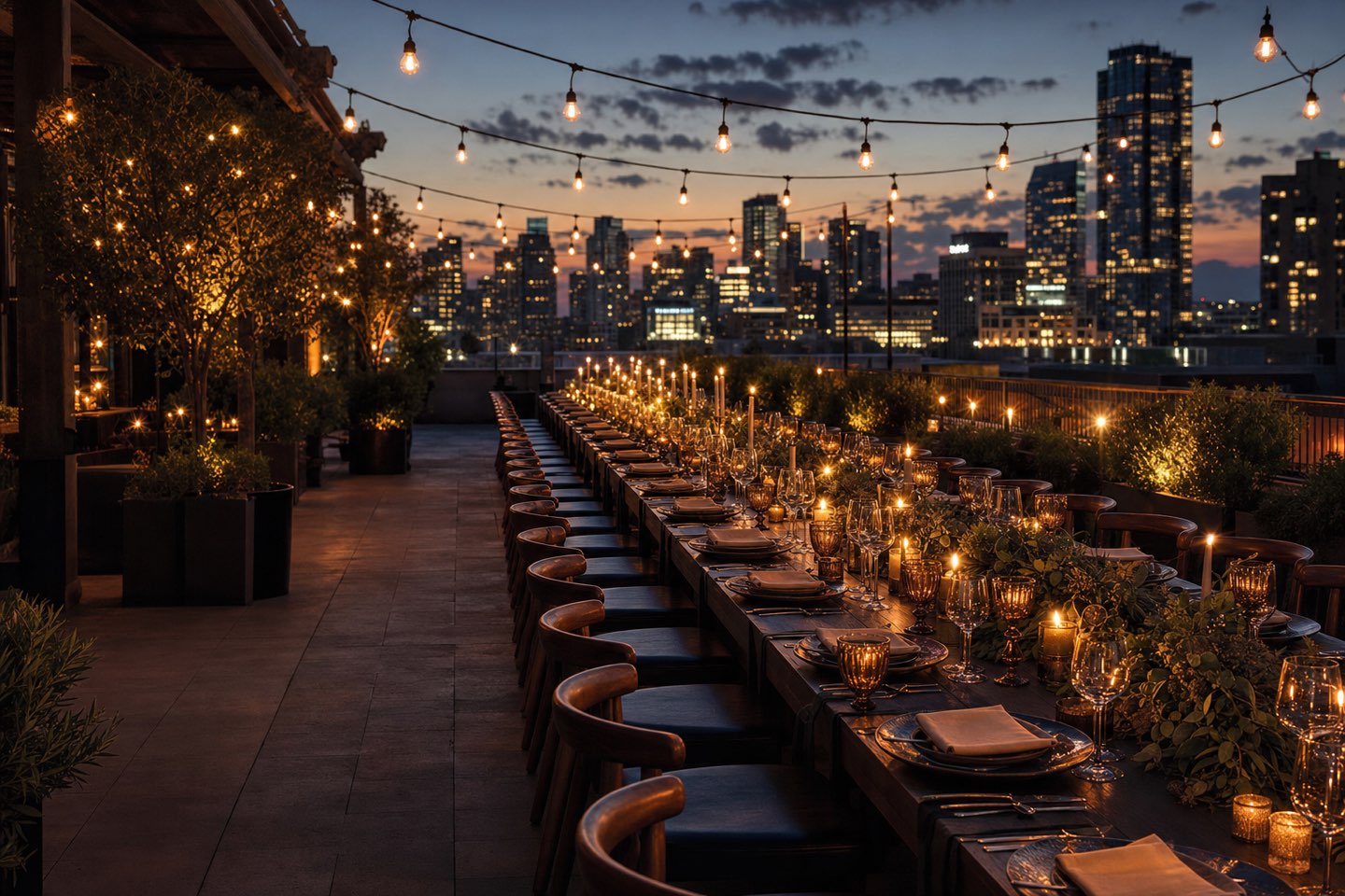 The Fig & Ember rooftop set for a long-table function at dusk