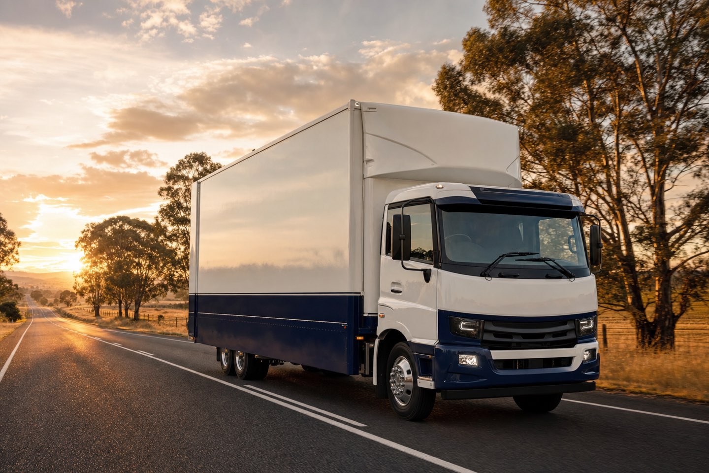 A removals truck on an open Australian highway at golden hour
