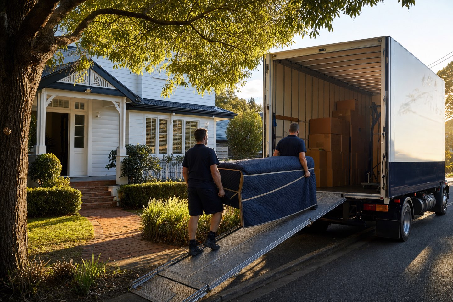 A removals truck at the kerb of a Melbourne home on move-day morning, crew loading a wrapped sofa
