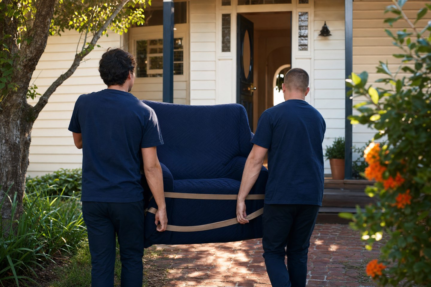 Movers carrying a blanket-wrapped armchair up the garden path of a weatherboard home