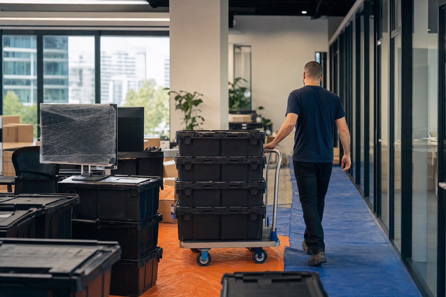 Moving crates and wrapped monitors on trolleys in a modern office