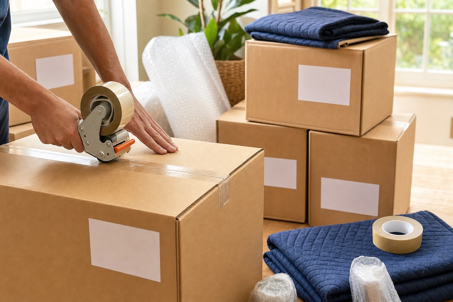 Kraft moving boxes being taped and labelled in a bright living room