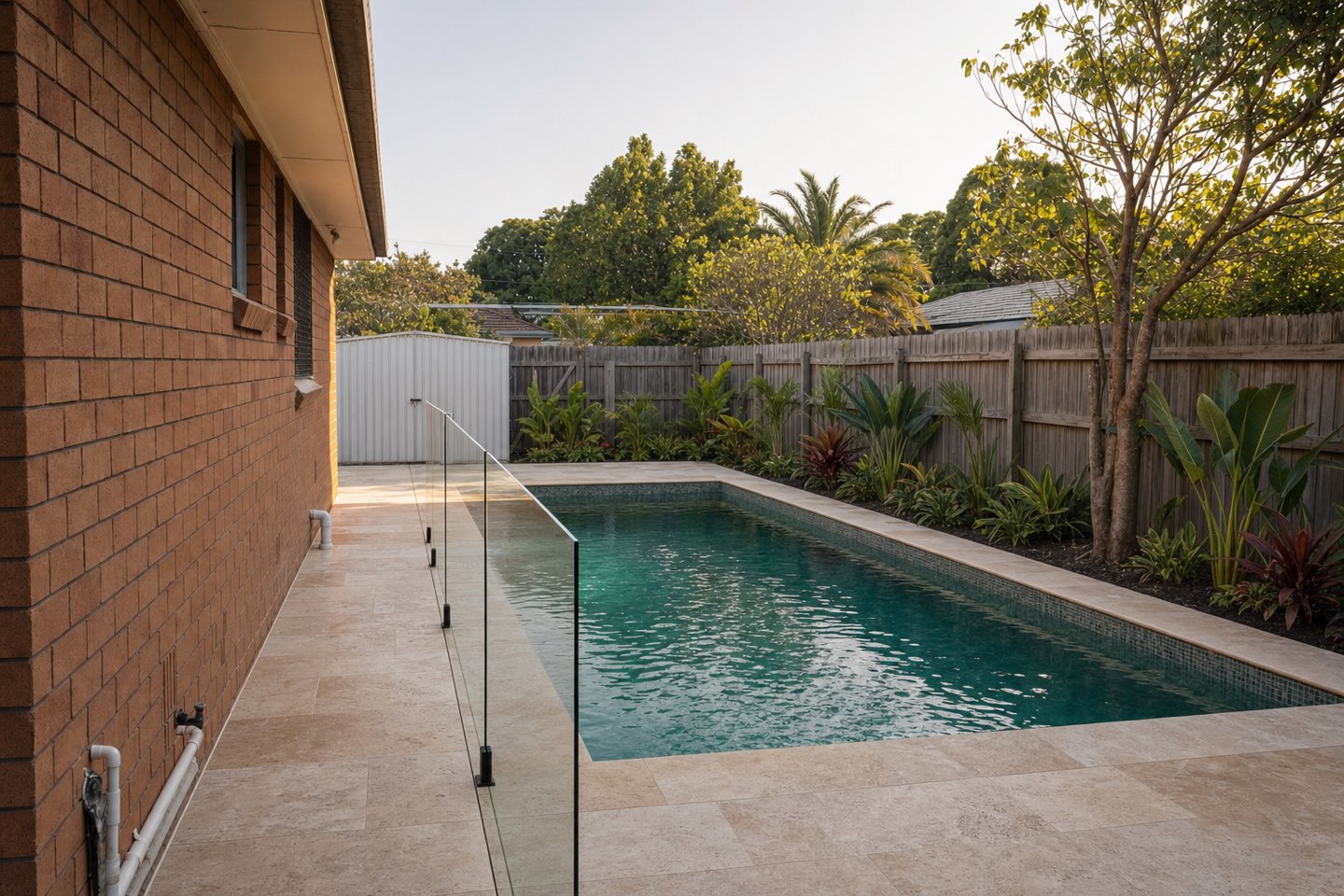 The same backyard with a completed plunge pool, travertine and glass fence
