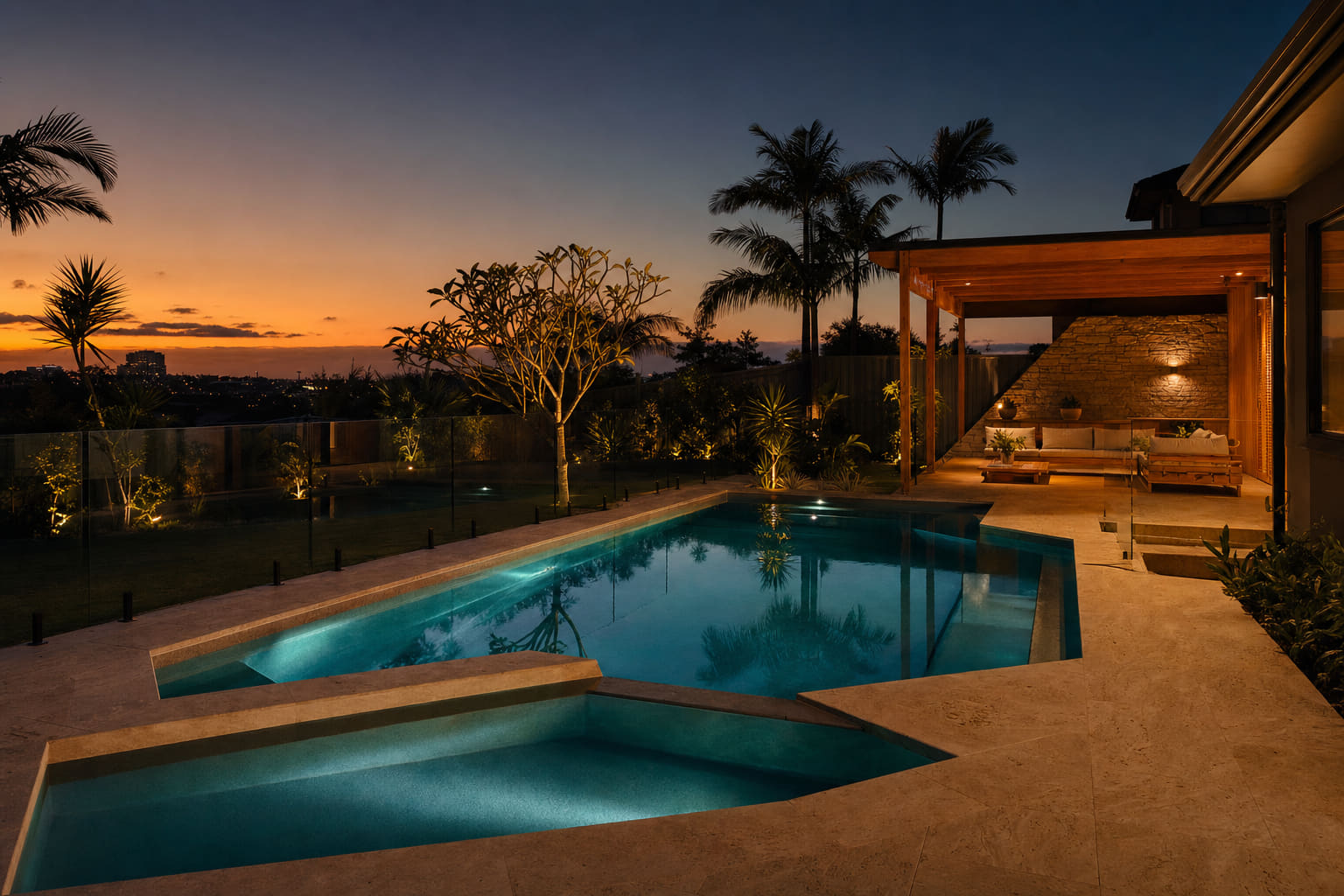 A completed Duskwater concrete pool and spa glowing at twilight in a Brisbane backyard