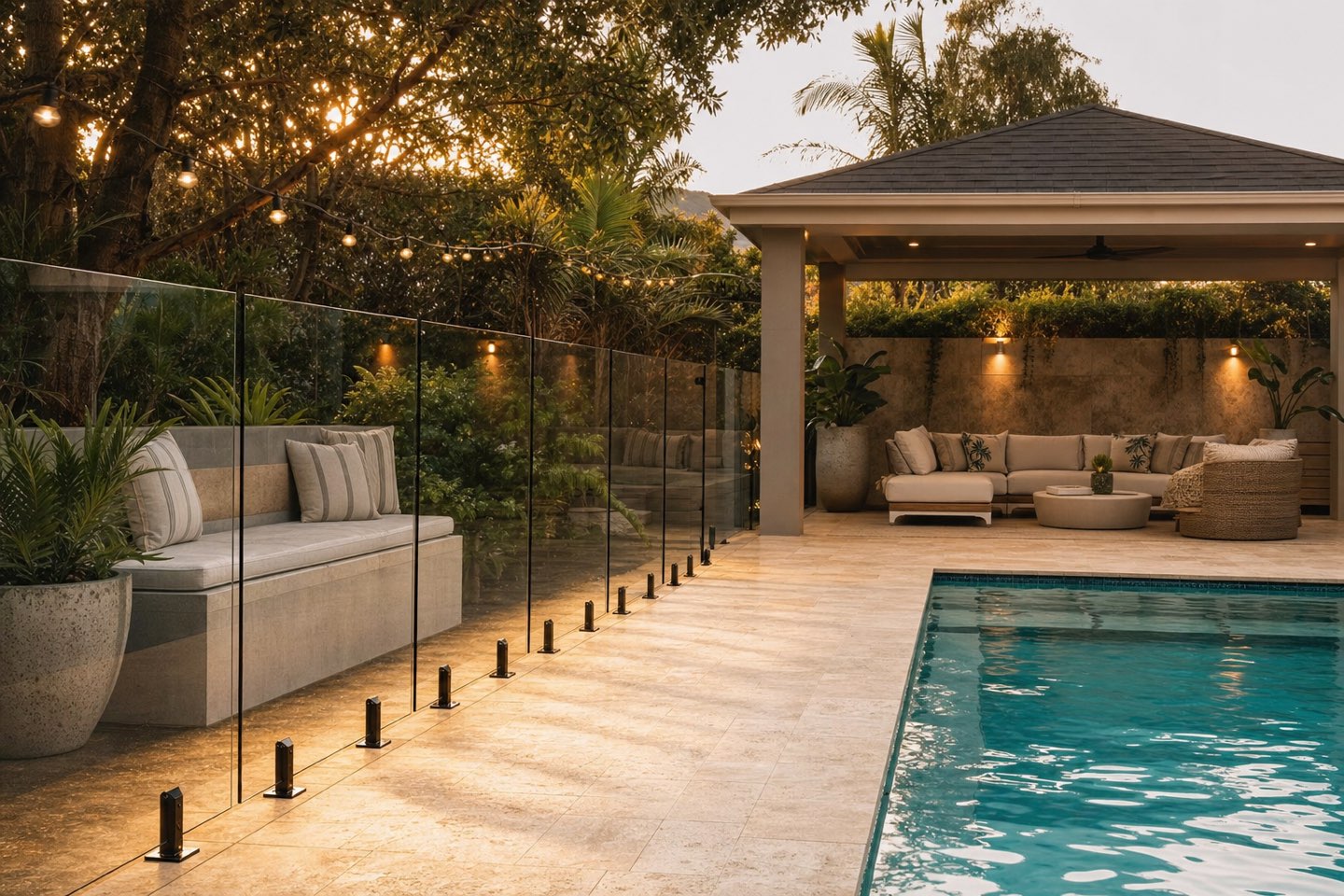 Travertine pool terrace with frameless glass fencing and outdoor lounge