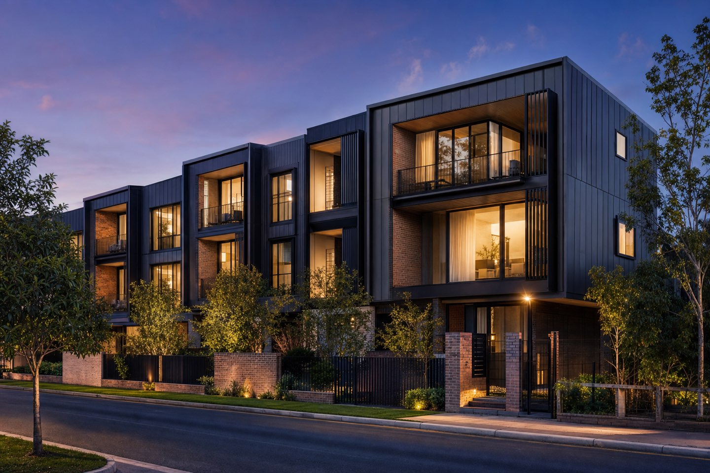 A boutique townhouse development in inner Brisbane at dusk