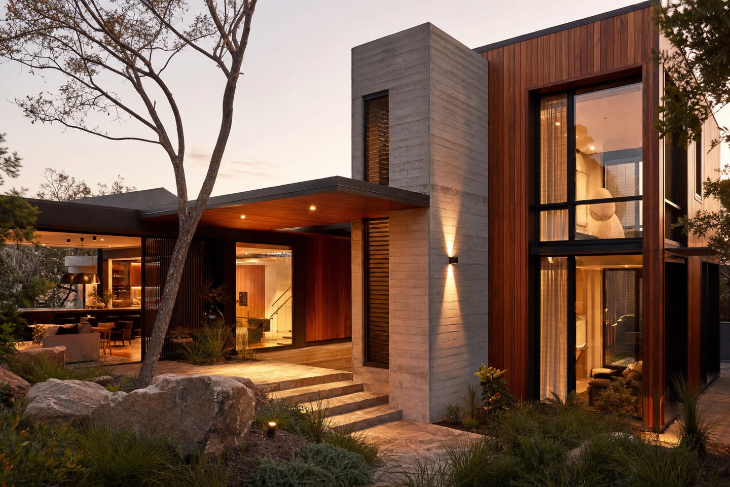 A completed high-end Melbourne home at dusk