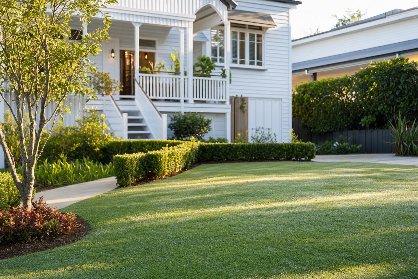 A freshly mowed, crisply edged lawn in front of a Brisbane home at morning