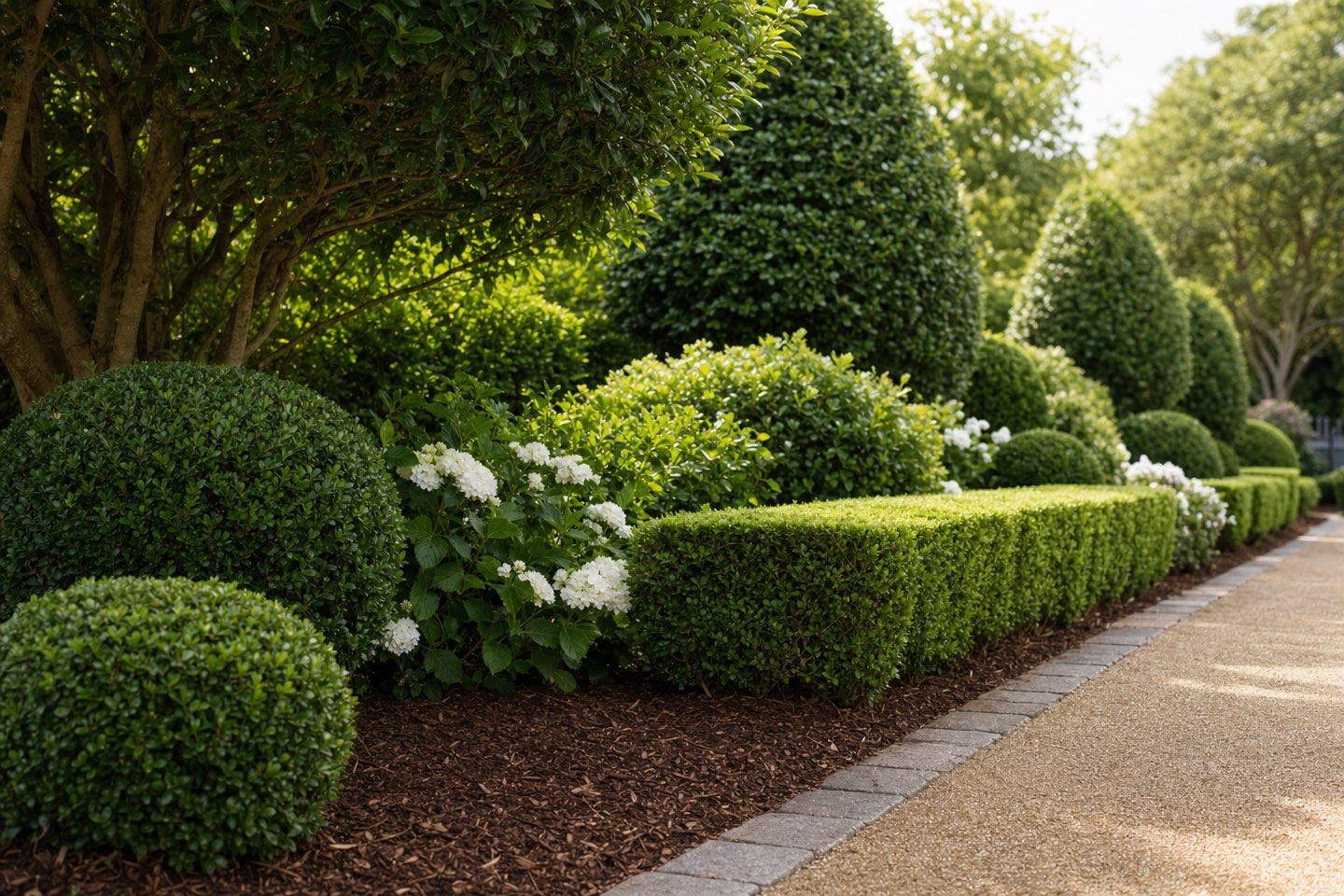 Neatly clipped hedges and freshly mulched garden beds