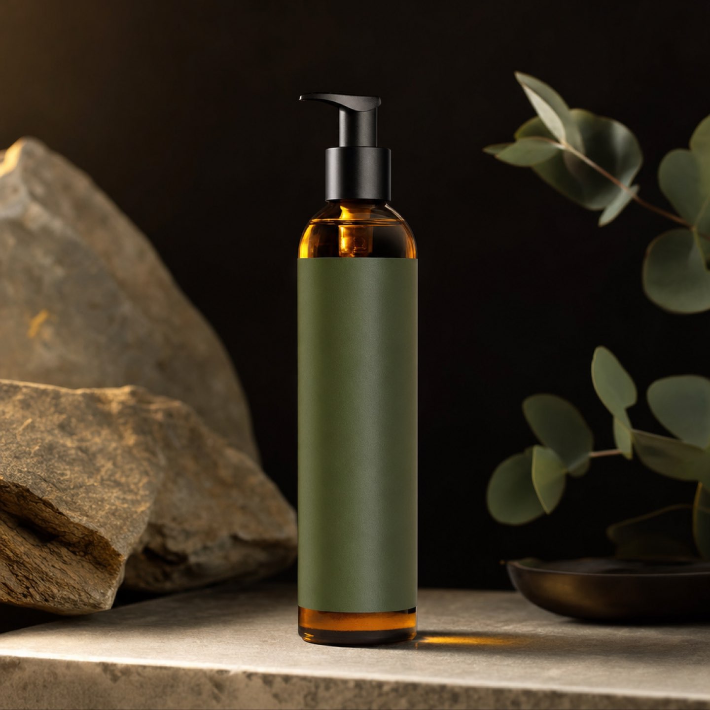 Muscle Ease Body Oil in an amber glass pump bottle
