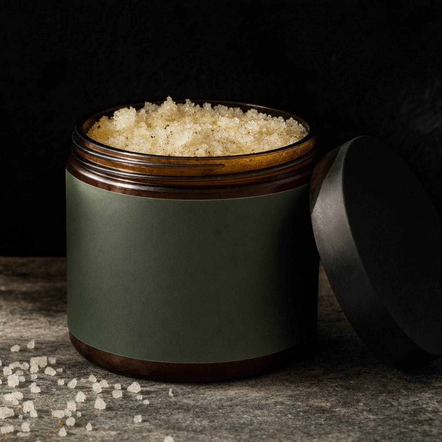 Mineral Salt Scrub jar with the lid off, coarse salt texture visible