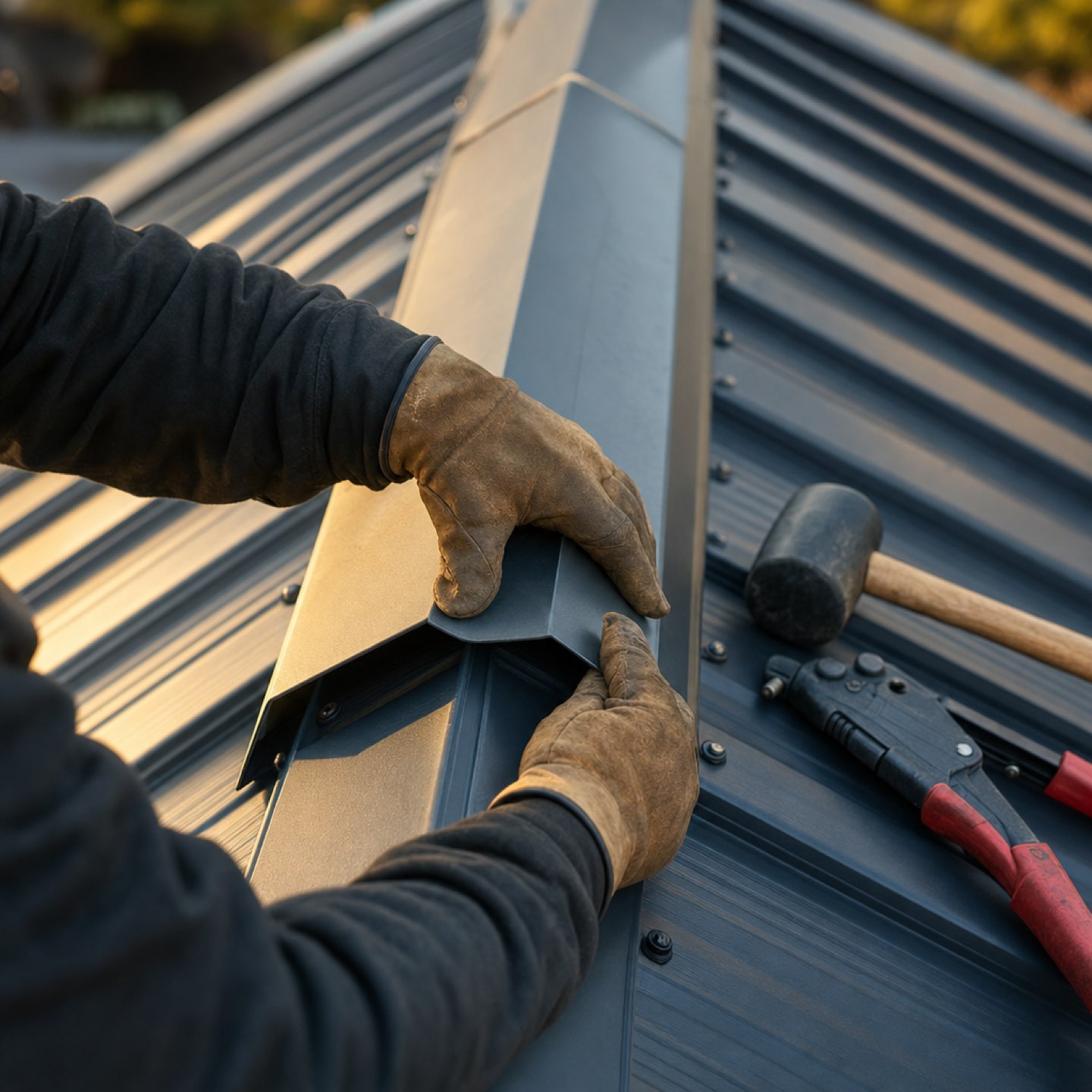 Gloved hands seating a steel ridge cap on new corrugated roofing