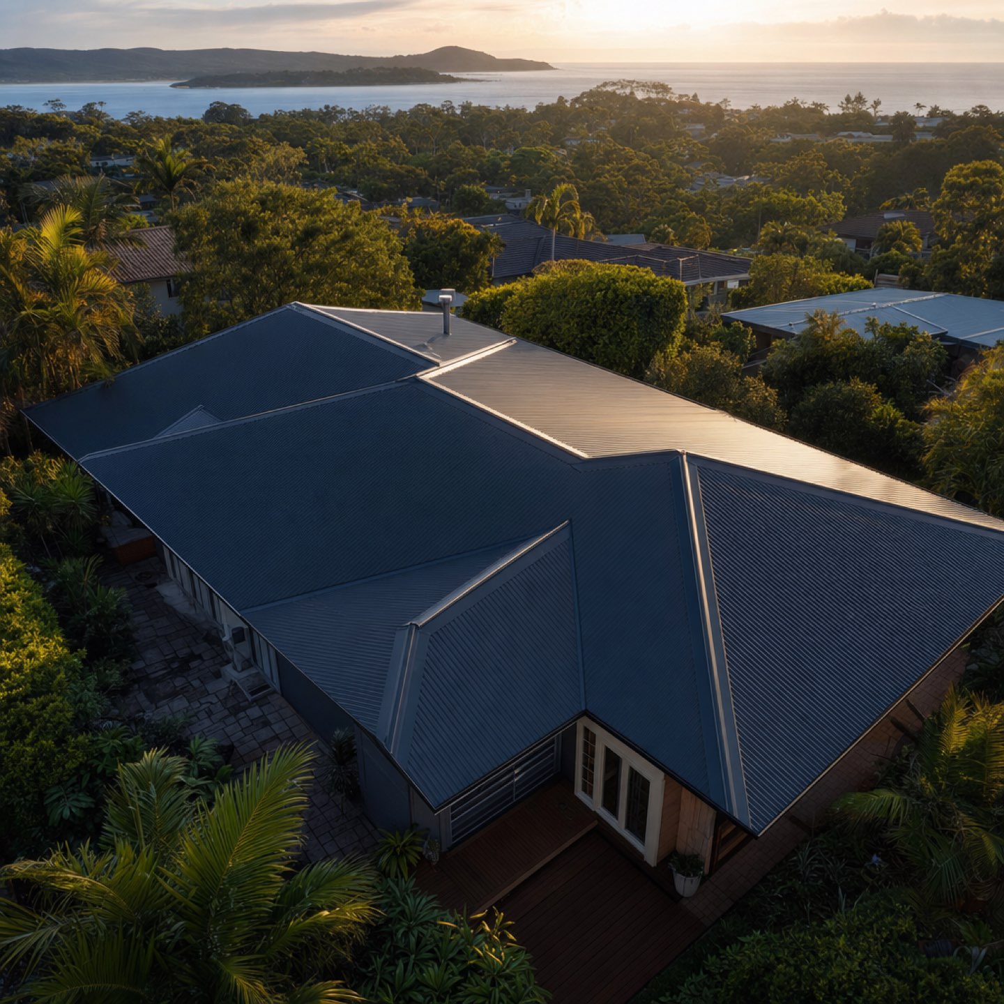 Completed charcoal Colorbond re-roof from the air at dusk