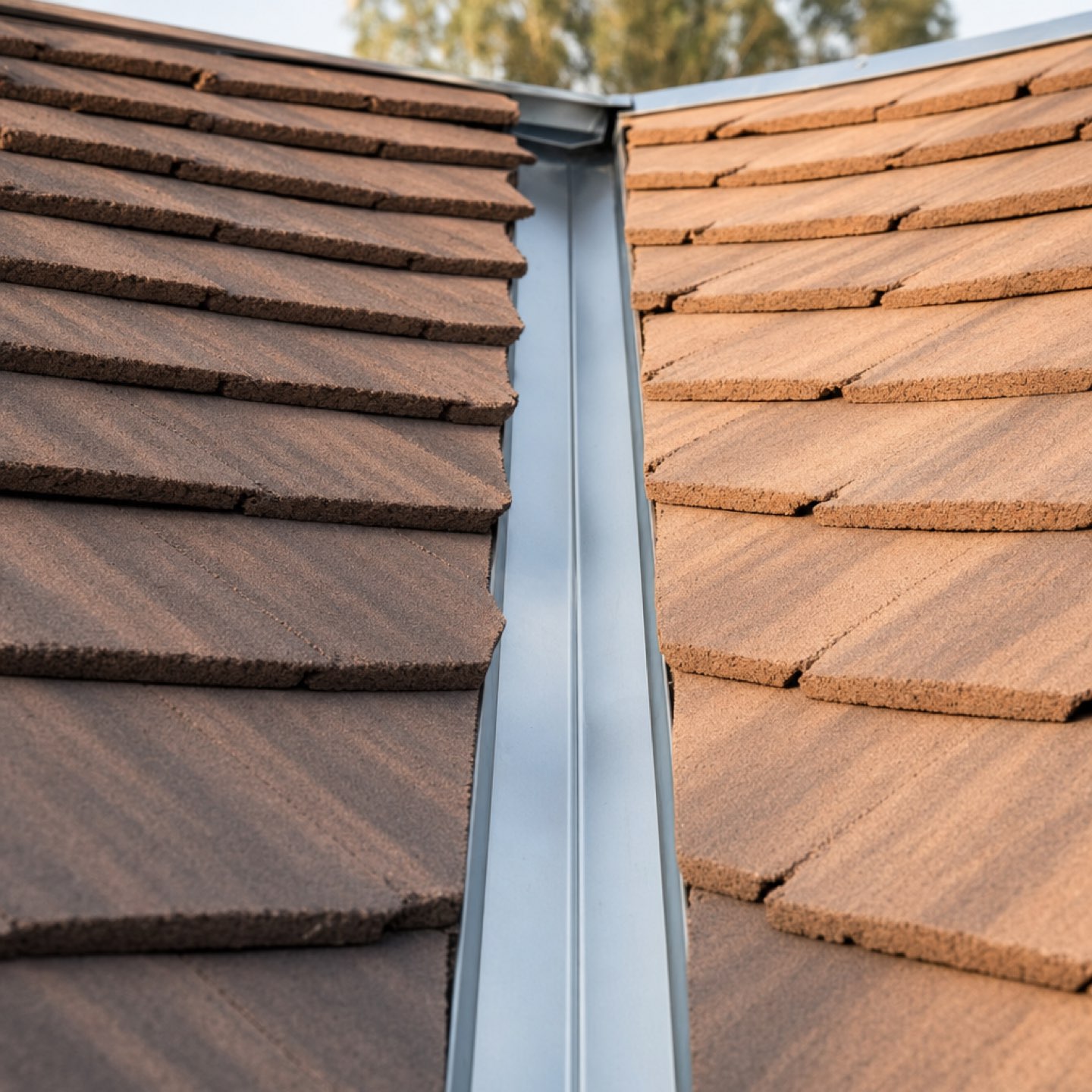 A freshly installed galvanised valley iron between neat tile courses