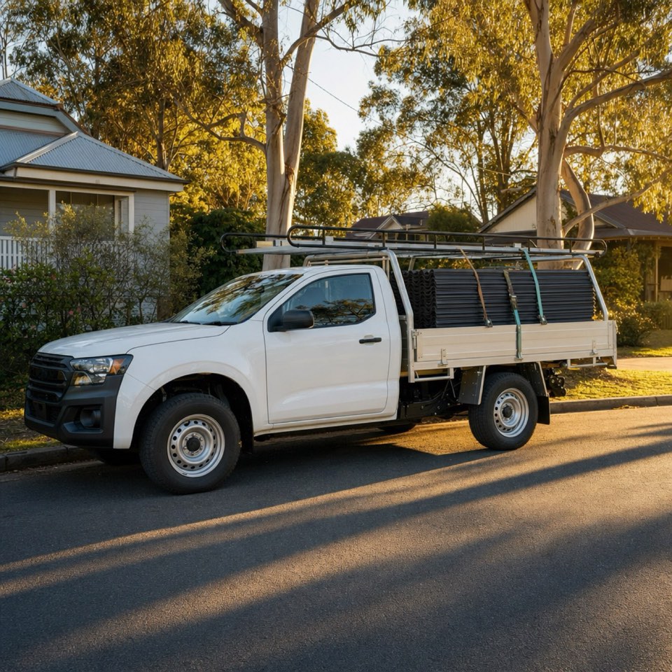 A work ute loaded with roofing sheets in a leafy street at golden hour