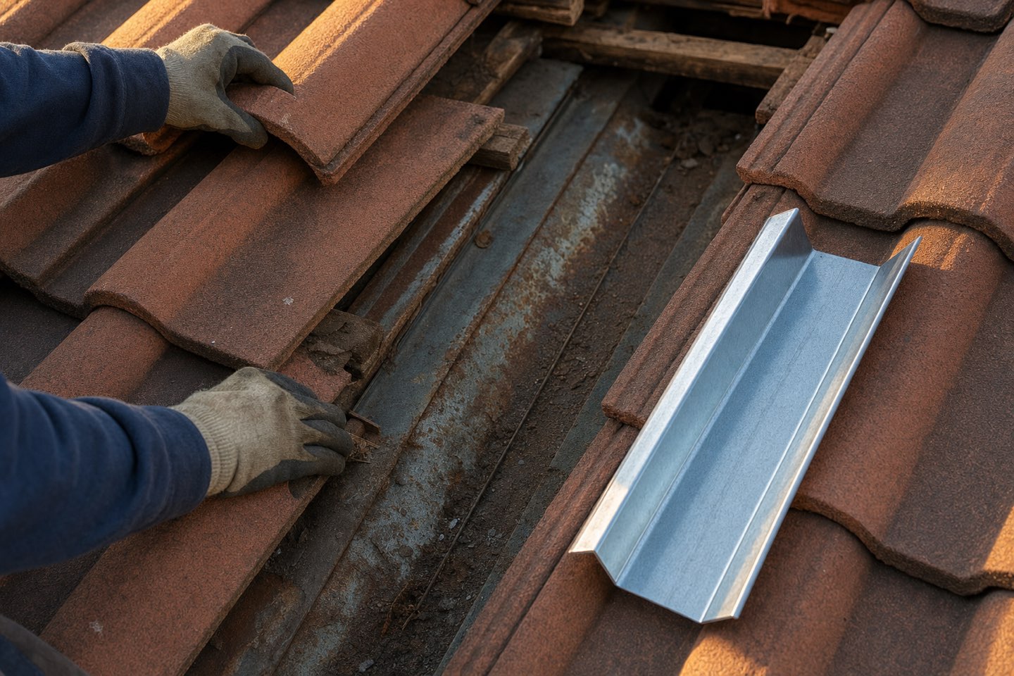 Roofer replacing a corroded valley iron on a tile roof, new channel alongside