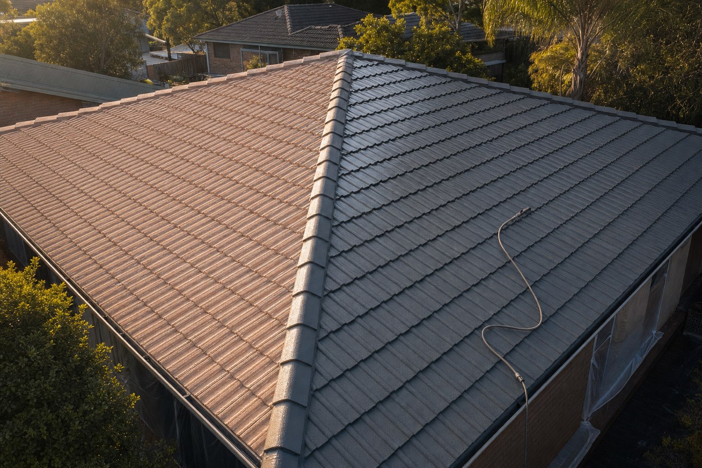 Aerial view of a tile roof mid-restoration, half faded and half freshly coated in dark grey