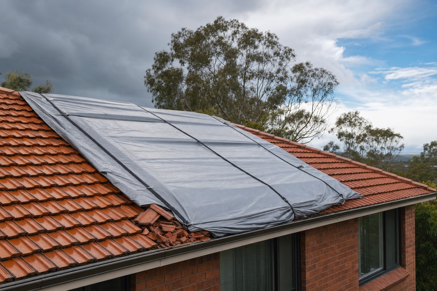 A tile roof neatly tarped after storm damage, clearing sky behind