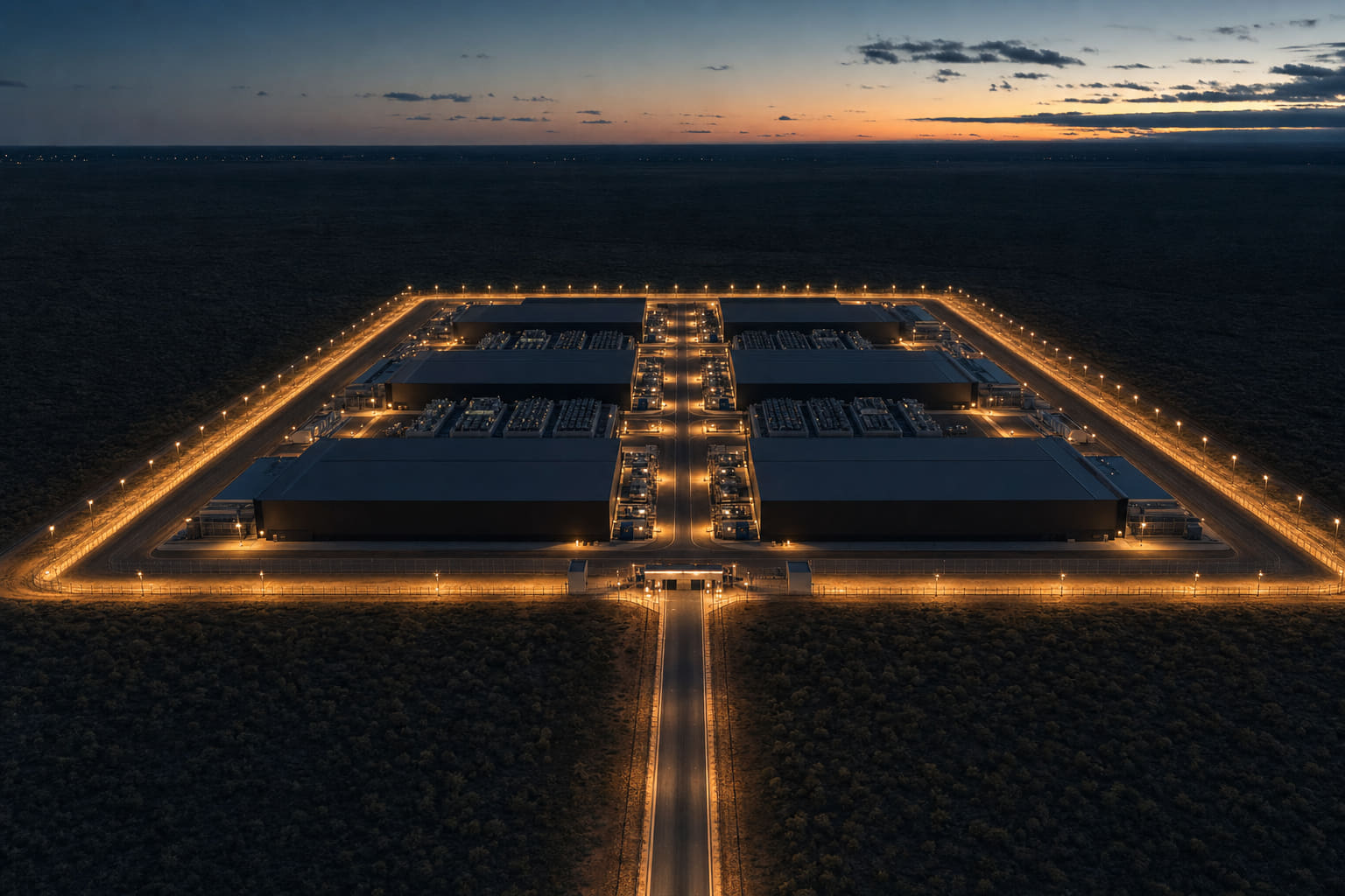 Aerial dusk view of a secure data-centre campus, its perimeter traced by one unbroken line of amber floodlighting