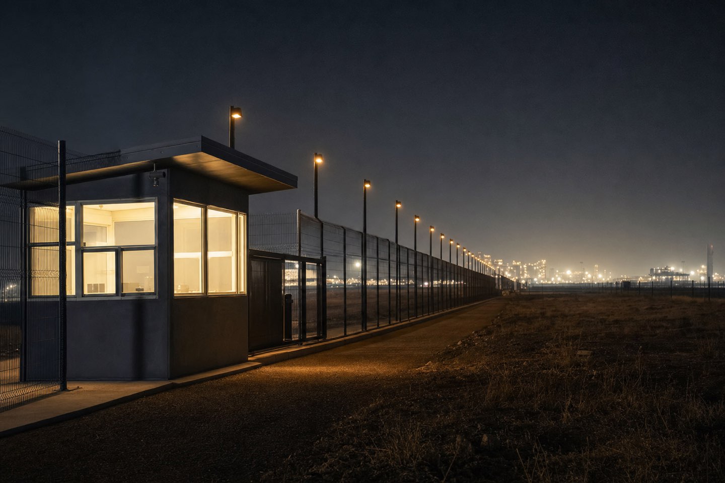 Floodlit gatehouse beside a perimeter fence line at night