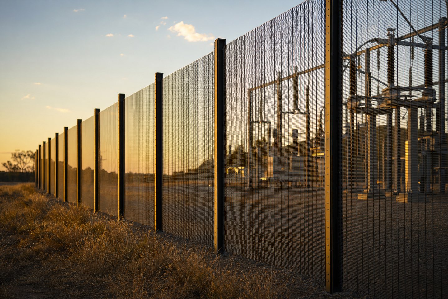 Black anti-climb weldmesh fence line at an energy substation at golden hour