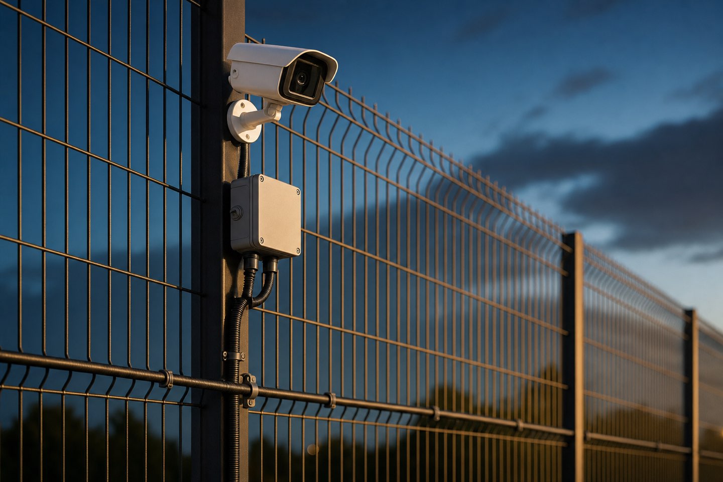 CCTV camera and detection junction box on a security fence post at dusk