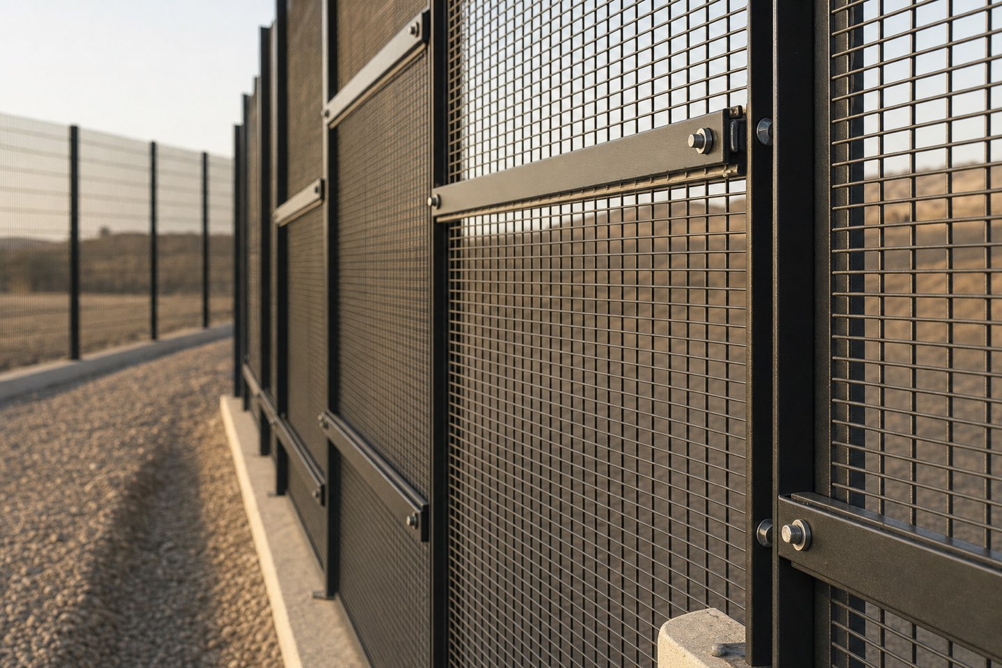 Close view of anti-climb mesh panels with clamp bars and through-bolts