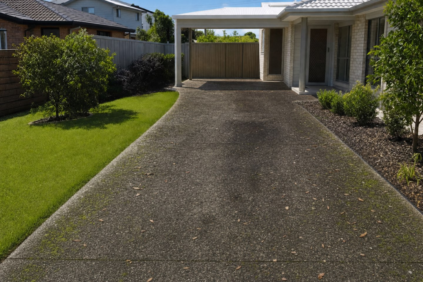A driveway blackened with algae, moss and oil stains before cleaning