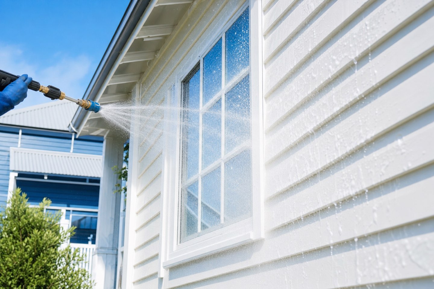 Soft-wash foam rinsing down a freshly cleaned weatherboard house