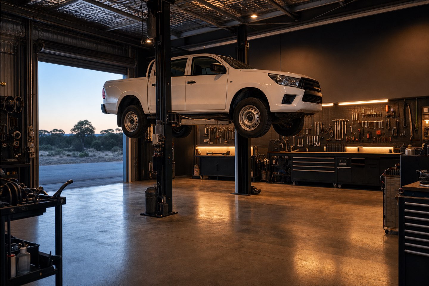A ute on the hoist in a clean, premium workshop at dawn